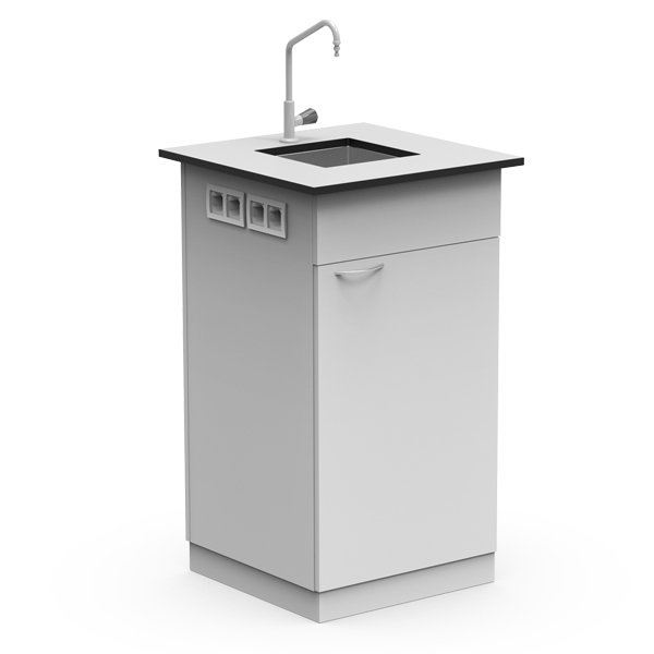 Le module de service est un meuble utilitaire blanc compact avec un robinet argenté, un plan de travail noir, un panneau de prises électriques latérales et une seule porte frontale avec poignée.