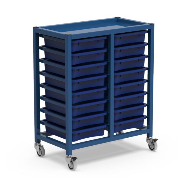 L'Armoire métallique avec plateaux 2 colonnes est un chariot de rangement en métal doté de quatre roues et de deux colonnes de plateaux coulissants bleus, idéal pour organiser ou déplacer des objets.