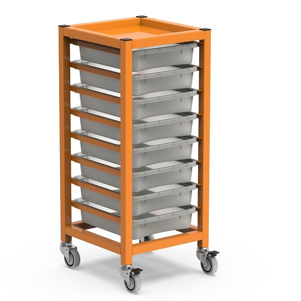 L'Armoire métallique simple 1 colonne avec étagères est un meuble haut, de couleur orange, doté de six plateaux en plastique gris et de quatre roues pivotantes pour une mobilité aisée et un rangement organisé.