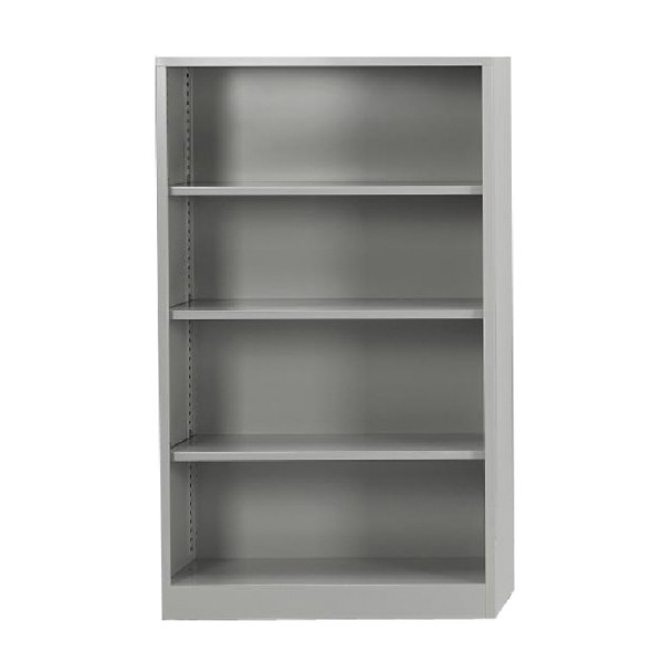 L'Armoire Ouverte en tôle est une bibliothèque grise avec quatre étagères réglables, présentée vide sur fond blanc.