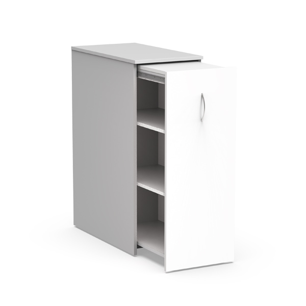 L'Armoire Atlantic avec porte coulissante est un meuble de rangement gris et blanc avec une porte ouverte laissant apparaître trois étagères à l'intérieur et une poignée argentée courbée pour un look élégant.