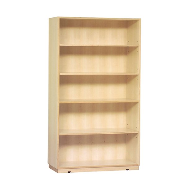 L'Armoire ouverte en bois est une bibliothèque haute en bois clair avec cinq étagères spacieuses et un design simple et fonctionnel, idéal pour ranger des livres ou exposer des objets. Représentée ici sur fond blanc.