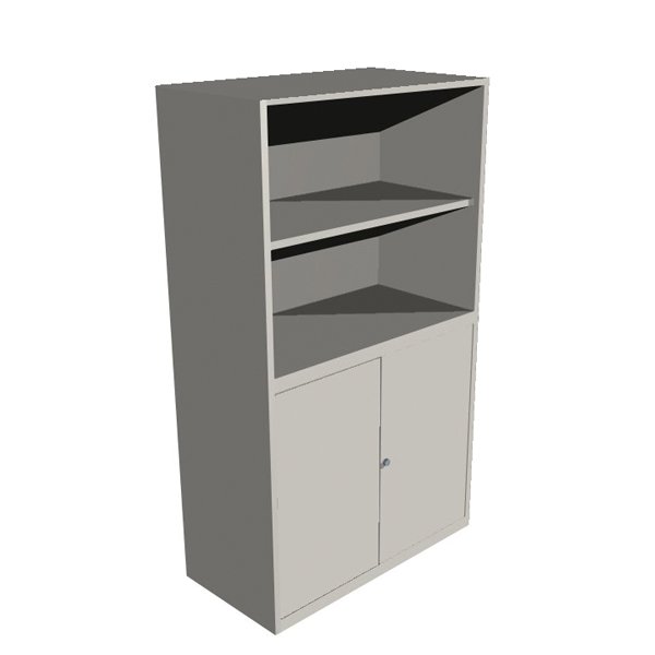 Une Armoire mixte en tôle d'acier en gris, comprenant deux étagères supérieures ouvertes et un compartiment fermé à double porte en dessous, est présentée en angle sur un fond blanc.