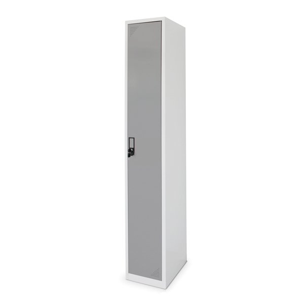 L'Armoire de vestiaire est un meuble de rangement haut et étroit avec une porte grise, une poignée verrouillable et des côtés blancs. Elle est représentée debout sur un fond uni.