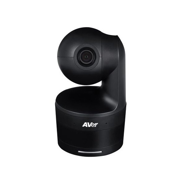 L'Aver DL10 est une caméra PTZ noire avec un boîtier d'objectif arrondi sur le dessus et une base cylindrique, idéale pour la vidéoconférence ou la surveillance, photographiée sur un fond blanc.
