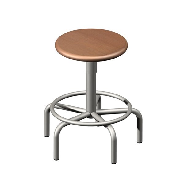 Le Tabouret Réglable AH 02 est un tabouret rond en bois avec une structure métallique, quatre pieds incurvés et un repose-pieds circulaire reliant les pieds près de la base.