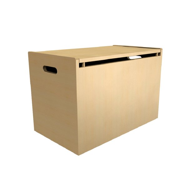 Le Coffre est une boîte de rangement rectangulaire en bois avec un couvercle fermé et des poignées latérales découpées, représentée sur un fond blanc uni.