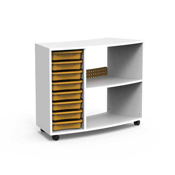 L'Étagère BOX Courbe Extérieure avec Plateaux est un meuble de rangement blanc sur roulettes avec six plateaux jaunes à gauche et deux étagères ouvertes avec un séparateur en carton à droite.