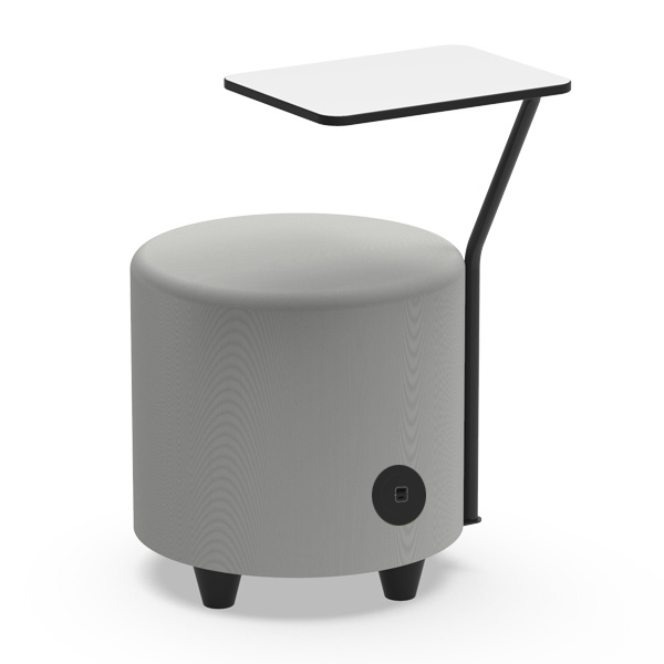 Round pouf with table covered in faux leather or grey fabric.