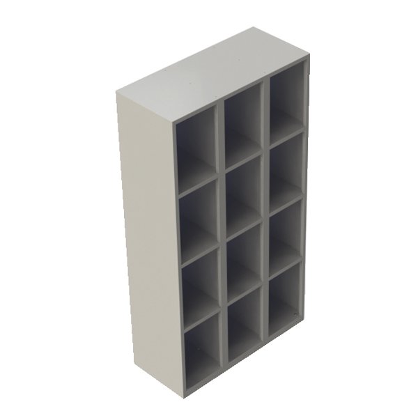 Le Casier Ouvert est un meuble de rangement haut et rectangulaire, à l'extérieur blanc, doté de 12 cubes gris carrés disposés sur 3 rangées et 4 colonnes.