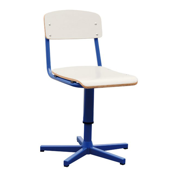 Le Tabouret pivotant est un tabouret pivotant blanc avec une assise et un dossier en bois, doté d'une structure en métal bleu et d'une base bleue à cinq pieds, conçu avec une fonctionnalité minimaliste.
