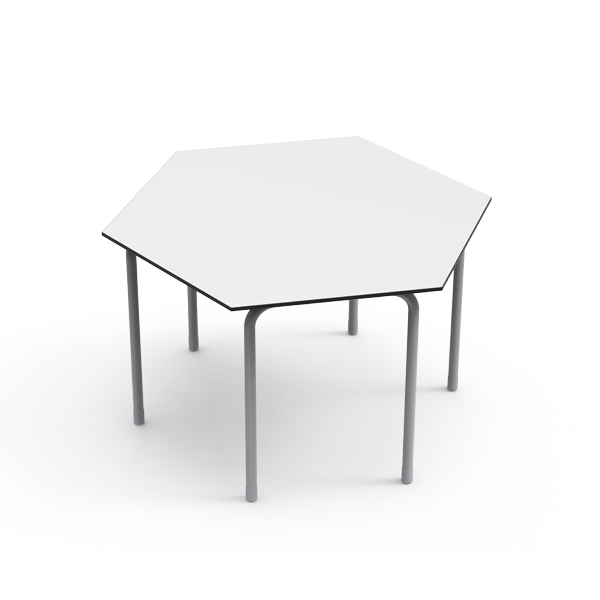 Mesa de sala de aula Desk21 em formato hexagonal, com estrutura de aço para ambiente escolar
