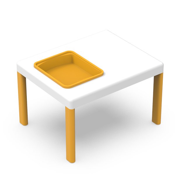 Table préscolaire 1 plateau, rectangulaire et blanche, avec quatre pieds jaunes et une corbeille carrée jaune insérée dans un coin de la table.