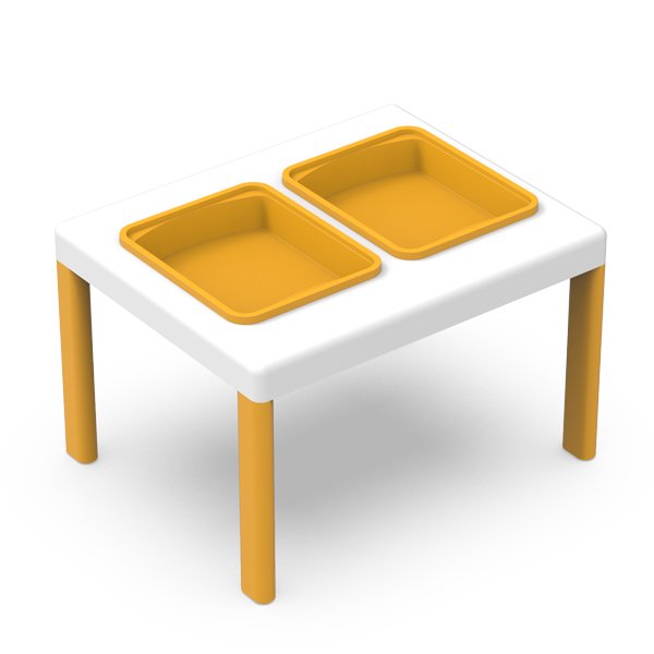 La Table préscolaire 1 plateau est une table blanche pour enfants avec quatre pieds jaunes et deux bacs jaunes amovibles dans le plateau, idéale pour les jeux sensoriels ou d'activité.