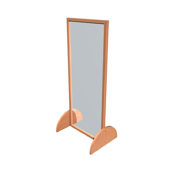 Le Miroir haut est un miroir en pied avec un cadre en bois léger et deux supports incurvés à la base, conçu pour tenir debout sur le sol.