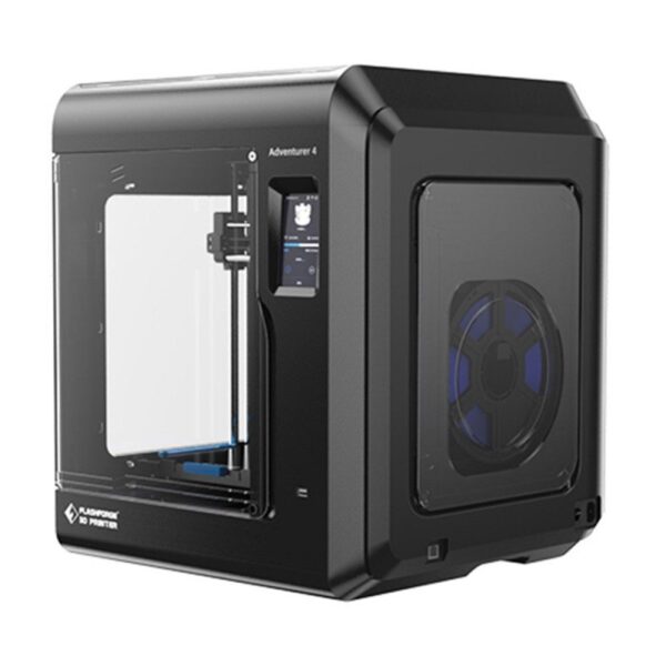 L'Imprimante 3D FLASHFORGE Adventurer 3 est une imprimante 3D noire dotée d'une porte avant transparente, d'un écran tactile et d'un porte-bobine à droite, dont le design est similaire à celui de l'Adventurer 4.