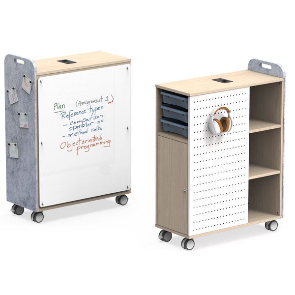 Deux chariots de rangement mobiles Module Flex : l'un est équipé d'un tableau blanc pour les notes et les aimants, l'autre comprend des étagères, des plateaux, des crochets pour écouteurs et un tableau à patères. Les deux chariots sont en bois avec des accents en tissu gris ou des panneaux d'affichage et sont équipés de roulettes pour une mobilité aisée.