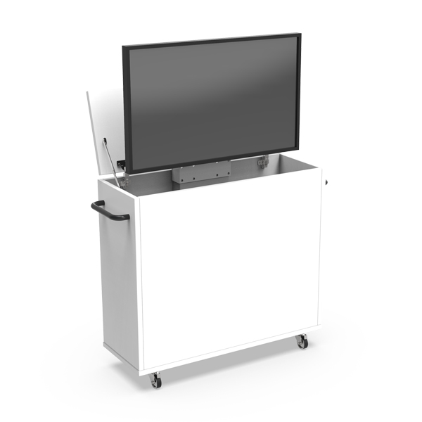 Mueble móvil de melamina con monitor, apto para reuniones y presentaciones.