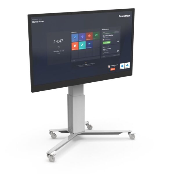 Le Netboard Flow LED - Promethean est un grand écran plat monté sur un support mobile, réglable en hauteur et doté de quatre roues, qui affiche une interface numérique avec de multiples icônes et commandes sur un fond sombre.