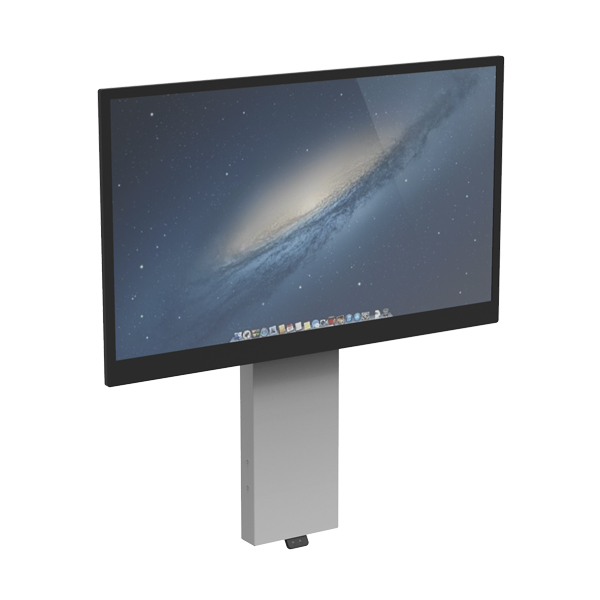 Un écran d'ordinateur large avec une base rectangulaire argentée, ressemblant au Netboard Flow Mini Mur - Promethean, affiche un fond d'écran macOS galaxy.