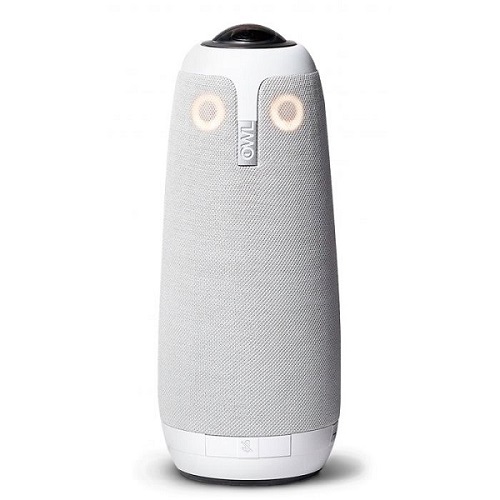La caméra de vidéoconférence Logitech OWL Labs 3 est un appareil cylindrique blanc avec un extérieur en tissu, deux lumières circulaires près de la partie supérieure avant et une lentille sombre en forme de dôme au-dessus des lumières.