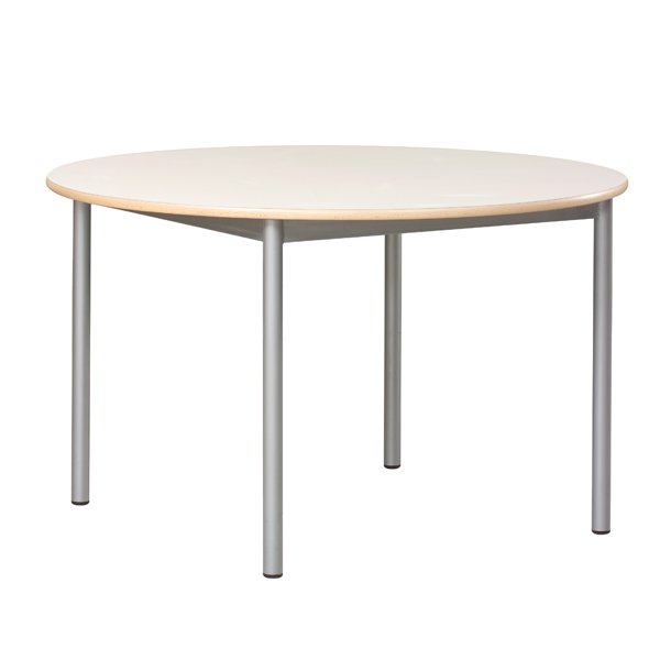 La Table ronde est composée d'un plateau en bois clair et de quatre pieds en métal argenté, présentés sur un fond blanc.