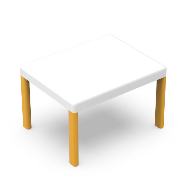 La Table préscolaire est une petite table rectangulaire avec un plateau blanc et quatre pieds jaunes, présentée sur un fond blanc.