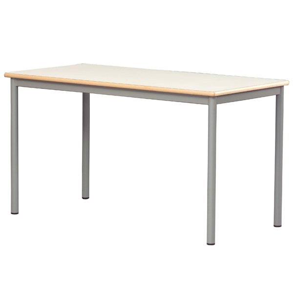 La Table d'élève double se compose d'un plateau rectangulaire en bois clair et de quatre pieds en métal gris, présentés sur un fond blanc uni.