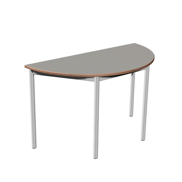 La Table demi-ronde présente un plateau gris, un bord marron et quatre pieds en métal argenté, sur un fond blanc uni.