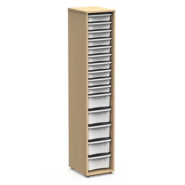 L'Armoire avec étagères 1 colonne comporte plusieurs bacs coulissants en plastique blanc disposés verticalement, ce qui la rend idéale pour organiser les petits objets ou les fournitures.