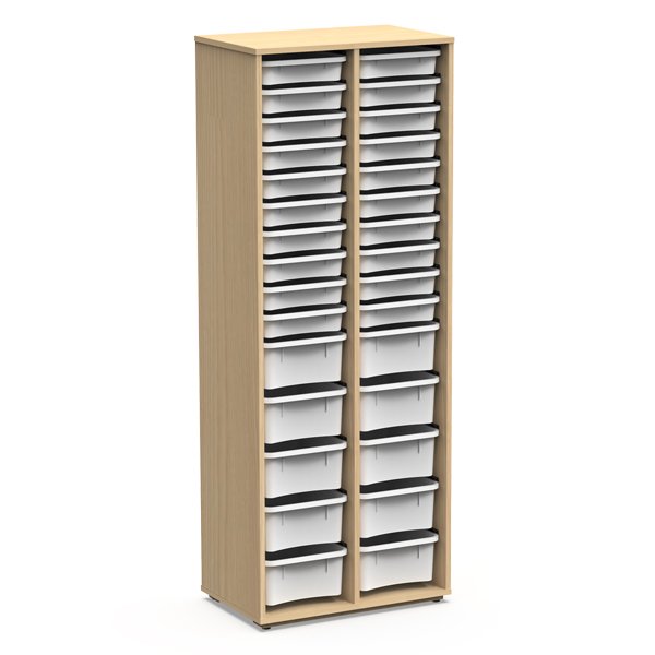 L'Armoire avec étagères 1 colonne est un meuble haut en bois avec une colonne de 12 tiroirs en plastique blanc, offrant un rangement organisé sur une base solide et plate.