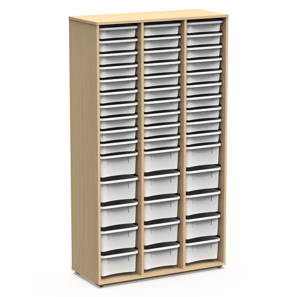 L'Armoire avec étagères 1 colonne est un meuble de rangement haut en bois clair comprenant une seule colonne avec plusieurs rangées de tiroirs en plastique blanc de différentes tailles pour un rangement organisé et efficace.