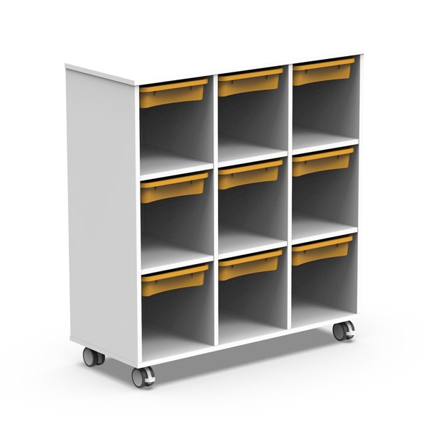 La Vitrine suspendue est un meuble de rangement blanc sur roulettes comprenant neuf compartiments ouverts avec des bacs jaunes extractibles, offrant une organisation polyvalente et un style pratique pour les espaces modernes.