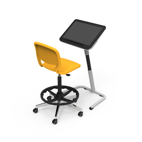 Une chaise pivotante jaune sur roulettes se trouve à côté d'une table ajustable noire et grise NetPower tenant un appareil à écran tactile, le tout placé sur un fond blanc.