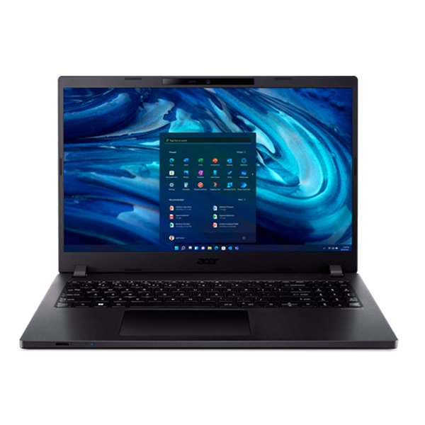 L'ordinateur portable ACER TravelMate P2, de couleur noire, est doté d'un écran spacieux affichant le menu de démarrage de Windows 11 sur un fond abstrait bleu et noir, le clavier et le pavé tactile étant clairement visibles.