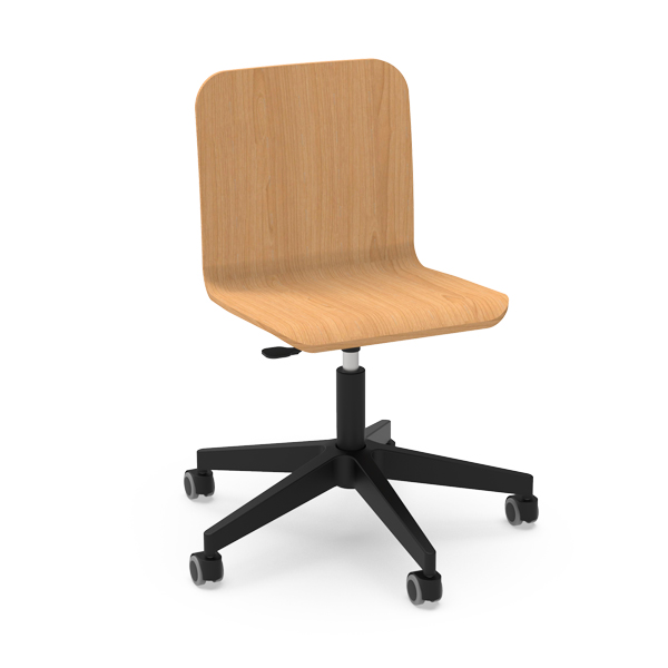 La Chaise Smooth S SPIN est une chaise de bureau simple avec une assise et un dossier en bois clair, une base réglable noire et cinq roues pour une mobilité aisée.