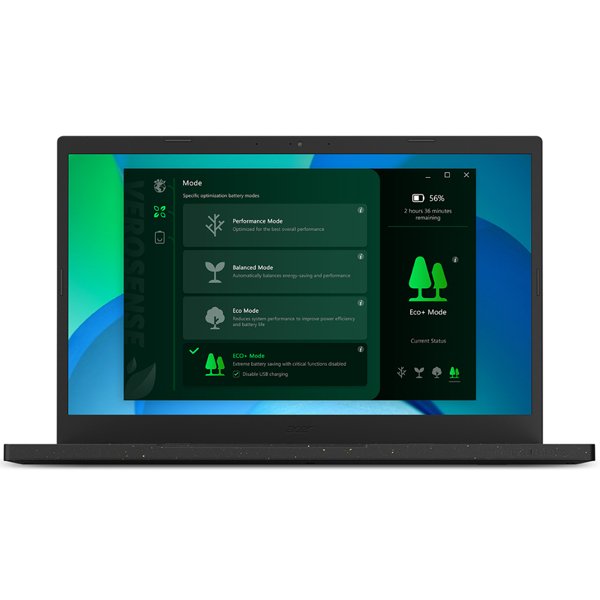 Le Chromebook Spin 512 d'ACER affiche les modes d'optimisation de la batterie - Performance, Équilibré, Mode Éco - avec des icônes en forme d'arbre et un indicateur de niveau de batterie à 56 %.