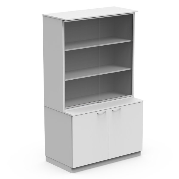 La Vitrine mixte est une bibliothèque blanche avec deux étagères ouvertes au-dessus et une armoire fermée avec deux portes en dessous, conçue pour être posée sur une surface plane.