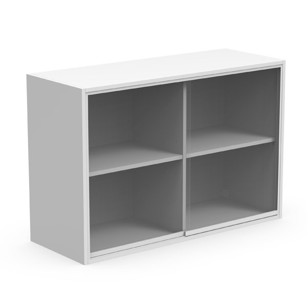 La Vitrine suspendue est une étagère rectangulaire blanche moderne avec quatre compartiments ouverts égaux sur deux rangées et deux colonnes, présentée sur un fond blanc uni.