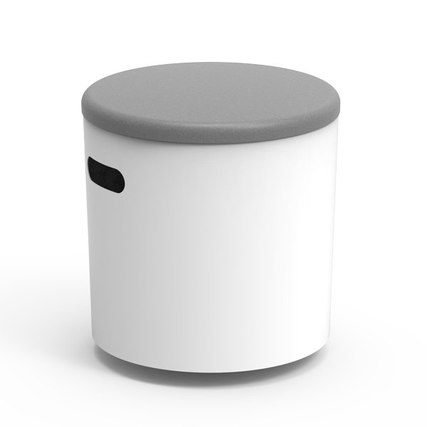 Le Banc Wobble avec stockage est un pouf de rangement rond, blanc, avec un couvercle coussiné gris plat et une poignée noire découpée, sur fond blanc.