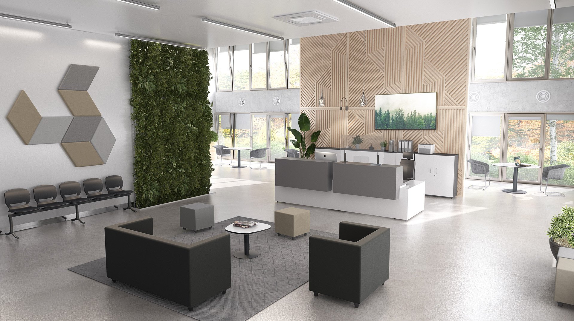 Hall d'entrée d'un bureau moderne avec un bureau de réception, des sièges noirs et gris pour les espaces informels, un mur de plantes verticales vertes, des œuvres d'art murales géométriques et de grandes fenêtres laissant entrer la lumière naturelle. Les arbres sont visibles à l'extérieur à travers les fenêtres.