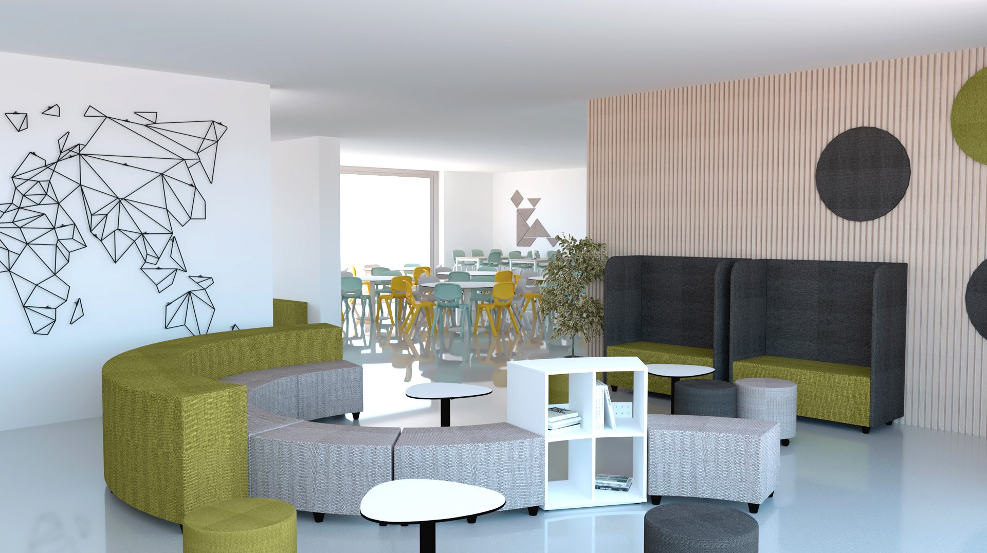 Un salon moderne avec des sièges incurvés, des canapés noirs à haut dossier, de petites tables rondes et un tableau mural géométrique représentant une carte du monde - parfait pour les espaces informels. Des chaises et des tables colorées sont disposées près de grandes fenêtres en arrière-plan.