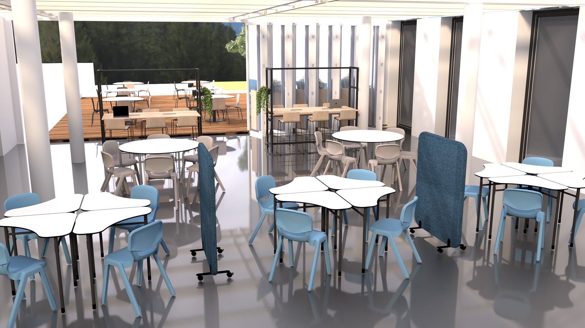 Une salle de classe moderne et ensoleillée avec des tables hexagonales, des chaises bleu clair, des cloisons mobiles et de grandes fenêtres. Les espaces informels se prolongent à l'extérieur, où des bureaux et des chaises en bois attendent à travers des portes vitrées.