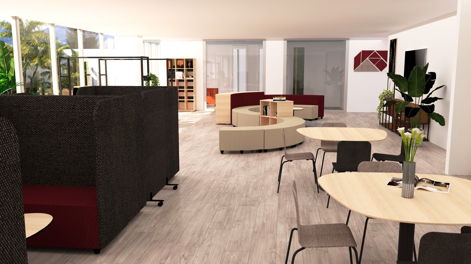 Espace de bureau ouvert moderne avec des sols en bois clair, des tables et des chaises rondes, des sièges de salon incurvés, des cabines de travail privées, de grandes fenêtres avec de la lumière naturelle, des plantes vertes et des espaces informels dédiés pour une collaboration décontractée.