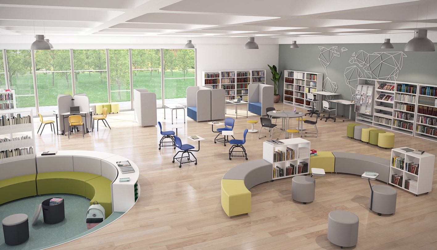 Une bibliothèque spacieuse et moderne avec de grandes fenêtres, des étagères incurvées, différentes possibilités de s'asseoir, des tables rondes et des chaises colorées. La lumière naturelle remplit la pièce et des arbres verts sont visibles à l'extérieur. C'est un endroit idéal pour les sessions du Centro de idiomas ou d'Autoescuelas.