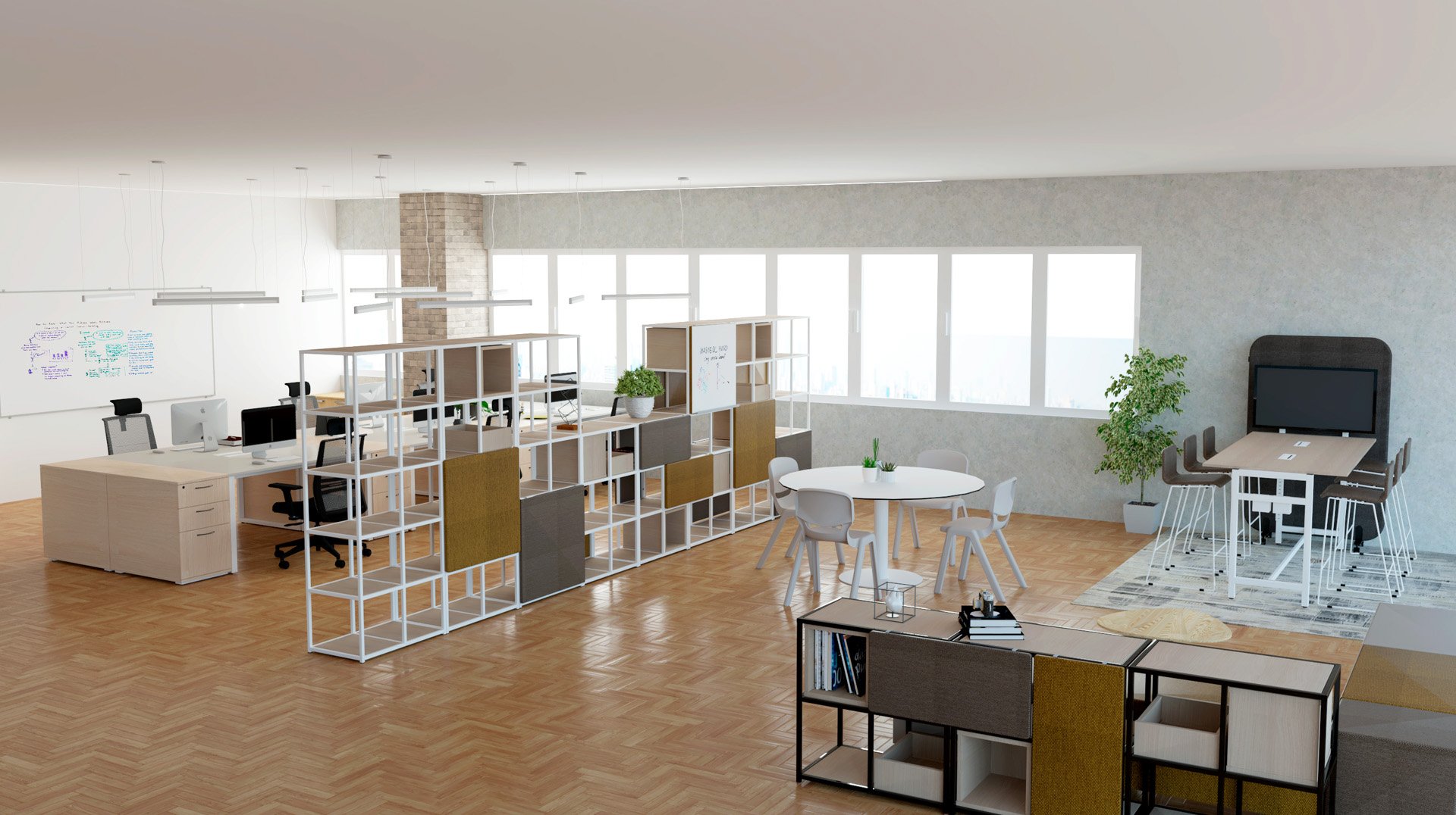 Bureau moderne à aire ouverte avec des bureaux, des étagères, des tables rondes, un coin salon avec un écran mural - idéal pour les Autoescuelas ou un Centro de idiomas - avec des plantes et de grandes fenêtres qui laissent entrer la lumière naturelle.