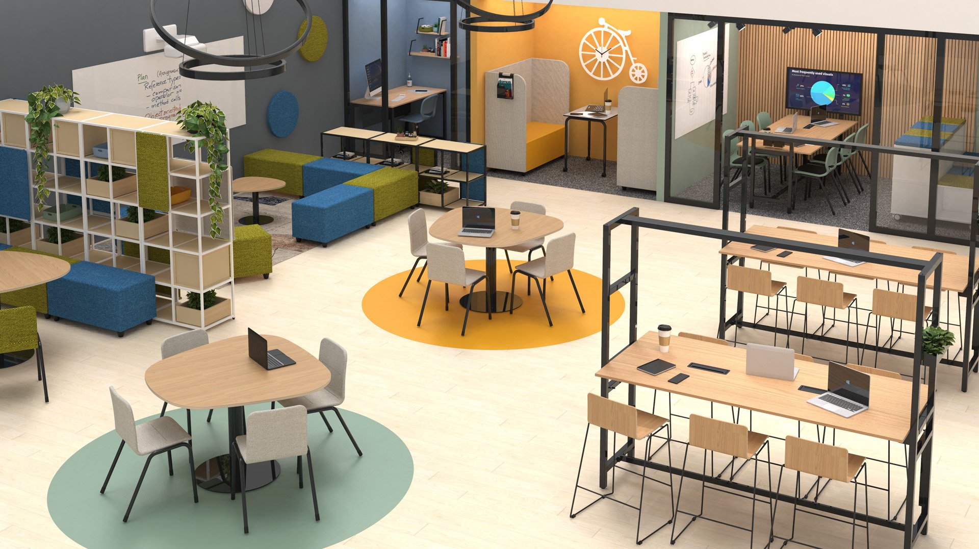 Bureau ouvert moderne avec tables rondes, ordinateurs portables, chaises et tapis colorés, parfait pour un Centro de idiomas ou Autoescuelas. Comprend des cabines, une salle de réunion avec écran, des étagères et des sièges confortables conçus pour la collaboration.