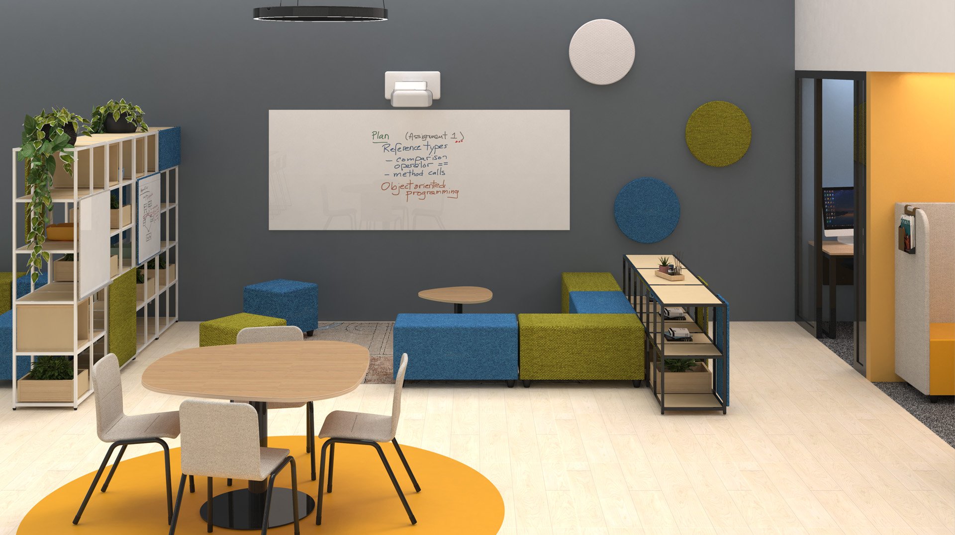 Un salon de bureau moderne avec une table ronde et des chaises, un tableau blanc sur un mur gris - parfait pour un centro de idiomas ou autoescuelas - des sièges rembourrés colorés, des étagères remplies de plantes, et un espace latéral avec un porte-manteau et une cabine téléphonique.