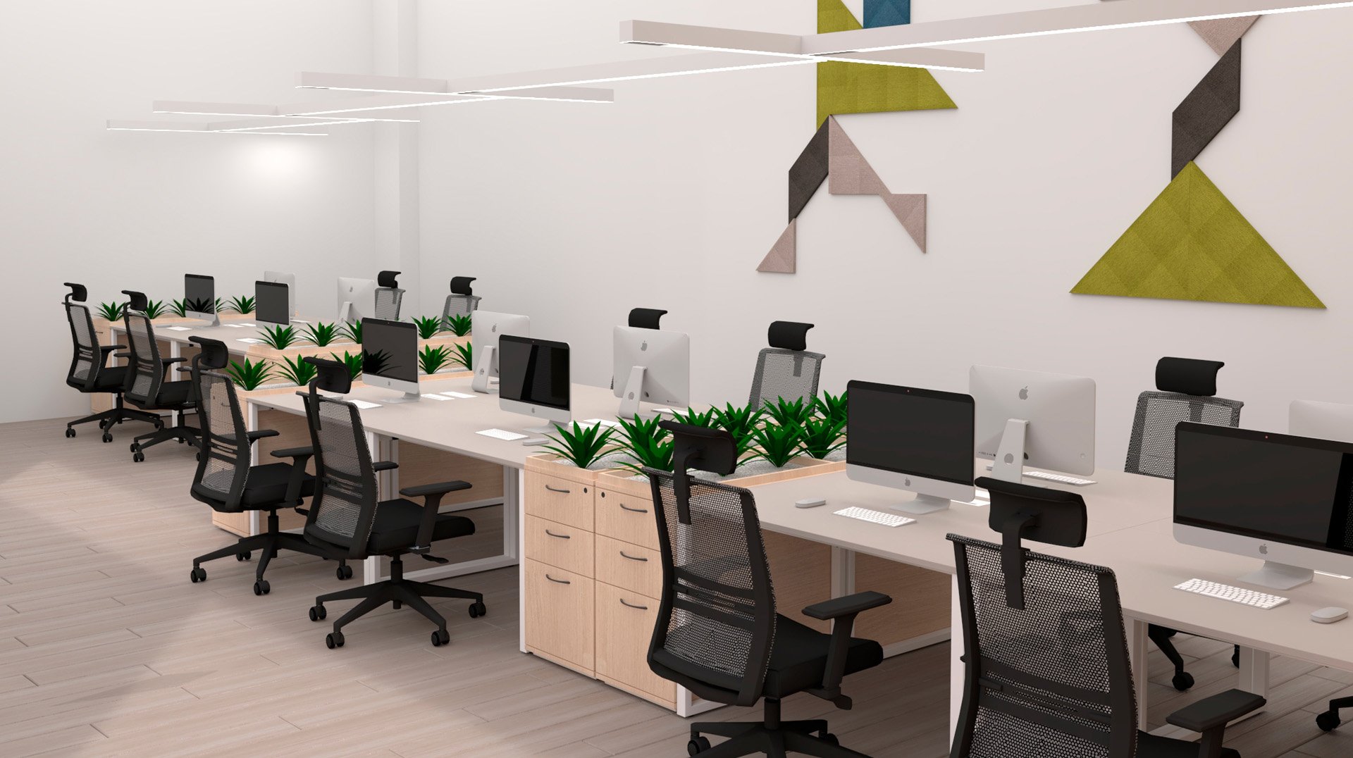 Un bureau moderne à aire ouverte avec des rangées de bureaux, des chaises en maille noire, des ordinateurs de bureau et des jardinières de séparation - parfait pour un centro de idiomas ou autoescuelas. L'art mural géométrique abstrait décore l'espace blanc et lumineux éclairé par des plafonniers.