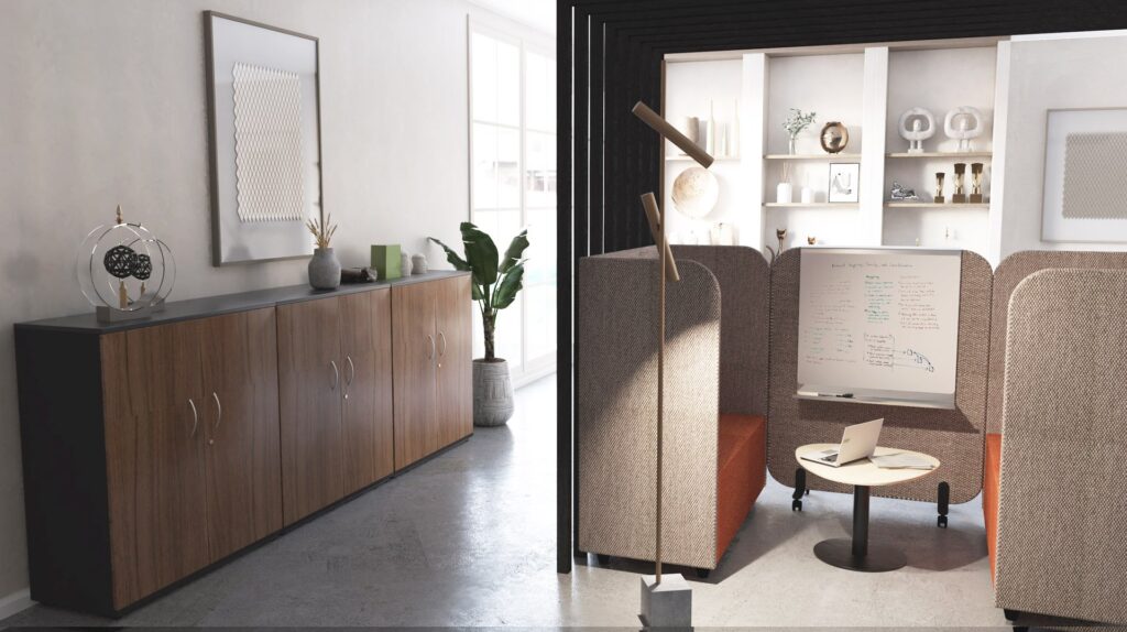 Un bureau moderne divisé en deux : le côté gauche comporte une armoire en bois, des objets de décoration et une plante ; le côté droit comporte des espaces informels - un coin salon confortable avec une petite table, un tableau blanc, une lampe et des étagères avec des objets de décoration.